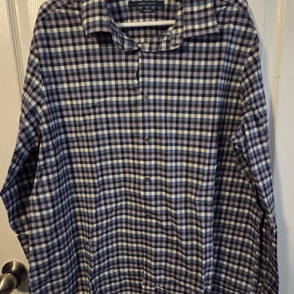 Perry Ellis Men’s Stretch Button Down Shirt – Blue Plaid Long Sleeve